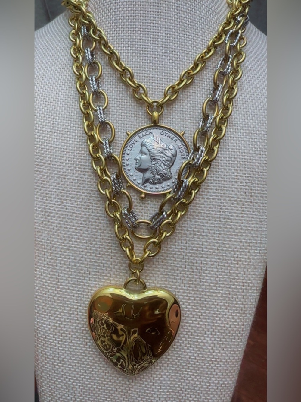 Gold-Tone Layered Heart & Coin Pendant Necklace - Stack